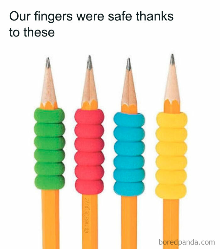 Colorful pencil grips on yellow pencils representing '90s nostalgia club' nostalgic school supplies.