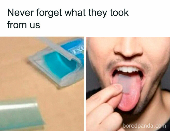 Chewing blue Wrigley's Excel gum and a man placing a clear gum strip on his tongue for nostalgic '90s memories.