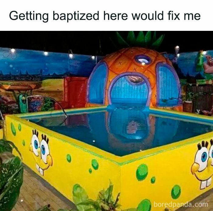 Pool painted like SpongeBob with an orange dome entrance, capturing 90s nostalgia and childhood memories in a colorful setting.