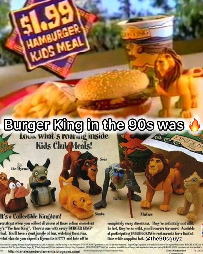 Burger King 90s Kids Meal with Lion King collectible toys, fries, hamburger, and drink for nostalgic fans.