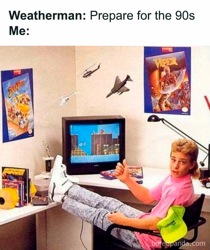 Teen playing classic 90s video game in a colorful room filled with nostalgic posters and toys, capturing 90s nostalgia vibes.