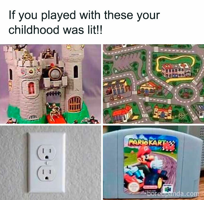 Classic '90s nostalgia club collage with vintage toys, play mats, electrical outlets, and Mario Kart game cartridge.