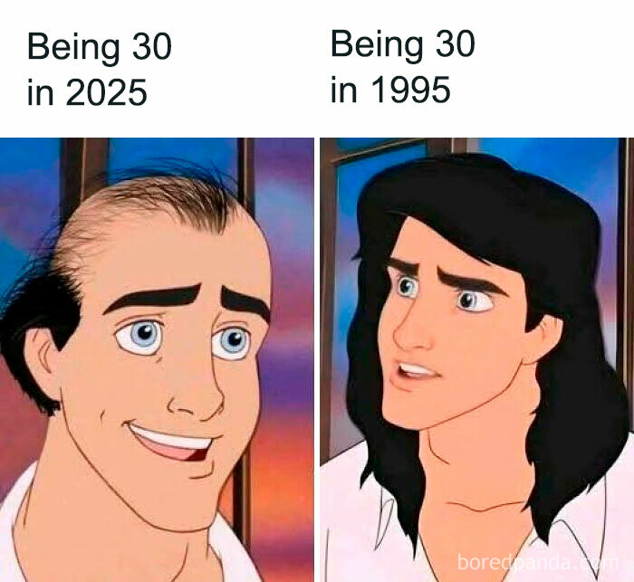 Cartoon comparing being 30 in 2024 with balding hair to being 30 in 1994 with thick long hair, ‘90s nostalgia theme.