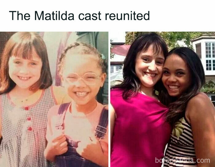Side-by-side photos of the Matilda cast reunited, showcasing ‘90s nostalgia and warm, joyful memories.