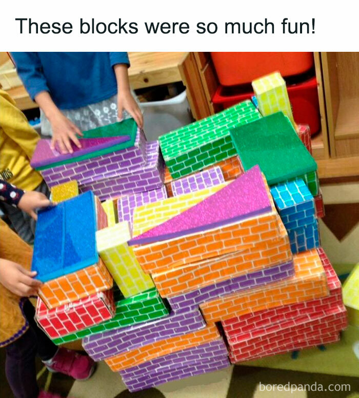 Children playing with colorful building blocks in a ‘90s nostalgia club setting, evoking nostalgic childhood memories.