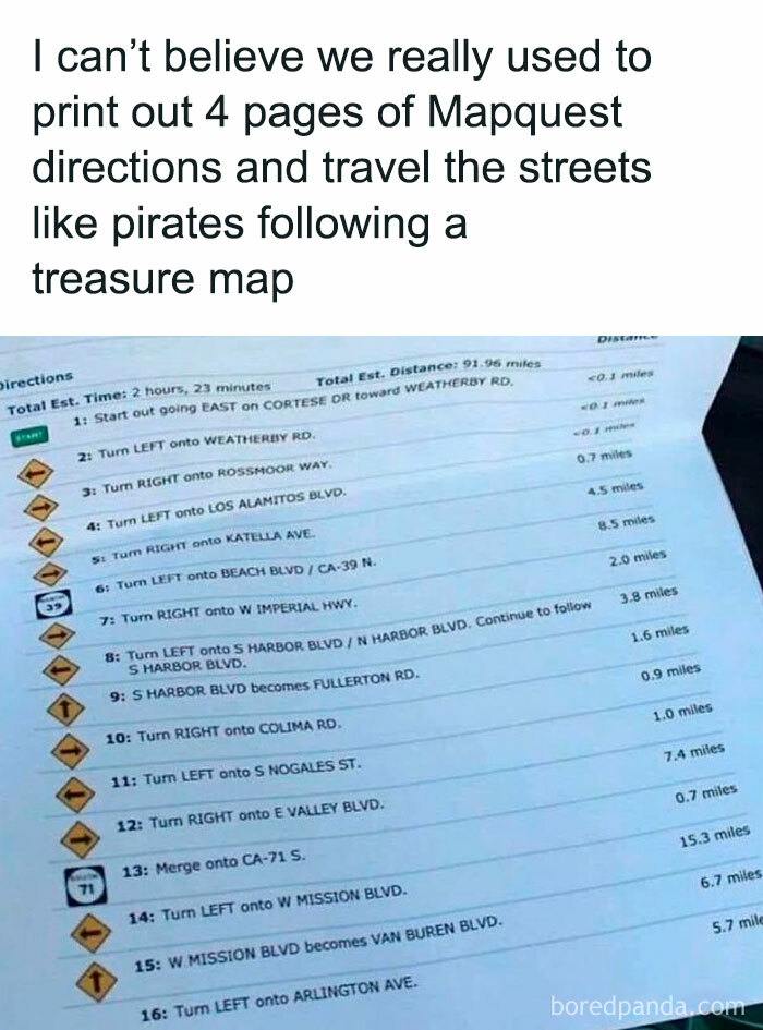 Printed Mapquest directions showing multiple turns, evoking ‘90s nostalgia for travel and navigation before GPS.