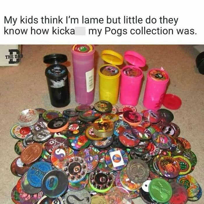 Vintage collection of colorful Pogs and containers symbolizing ‘90s nostalgia and childhood memories.