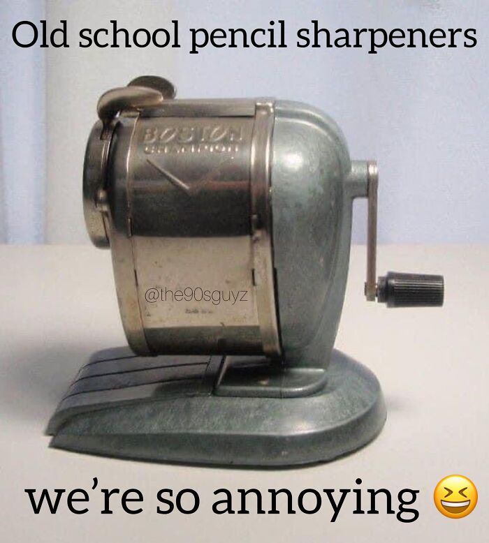 Vintage ‘90s nostalgia club old school pencil sharpener with hand crank, evoking nostalgic posts and memories from the good old times.