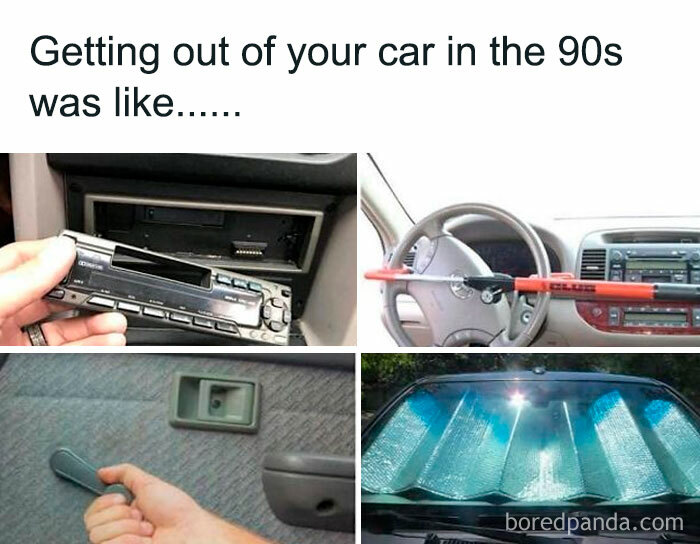 Four images showing 90s car nostalgia including a cassette player, steering wheel lock, manual window crank, and sunshade inside a car.