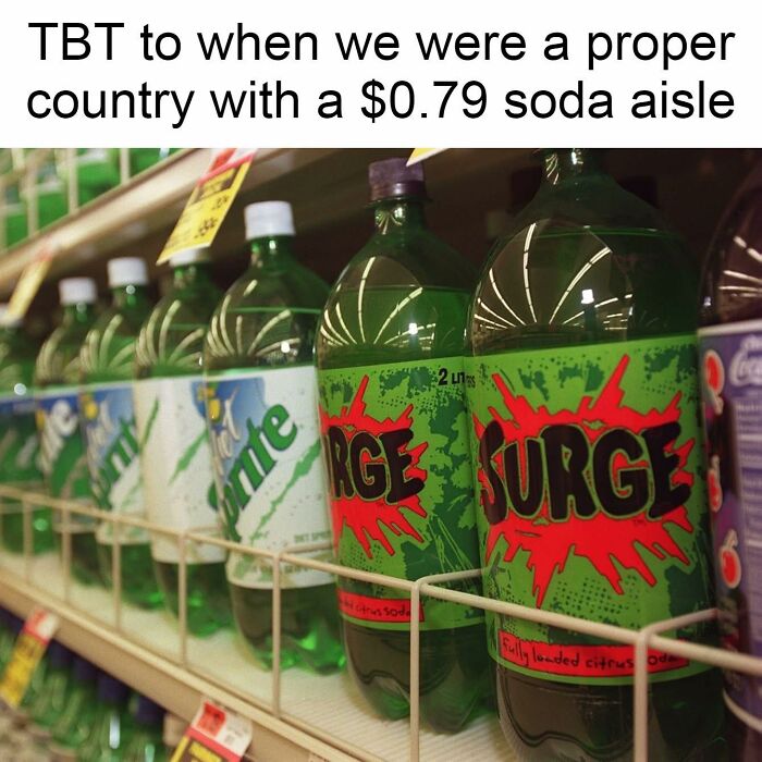 Soda aisle with 90s nostalgia Surge and Sprite bottles, evoking memories of retro 90s nostalgia club moments.