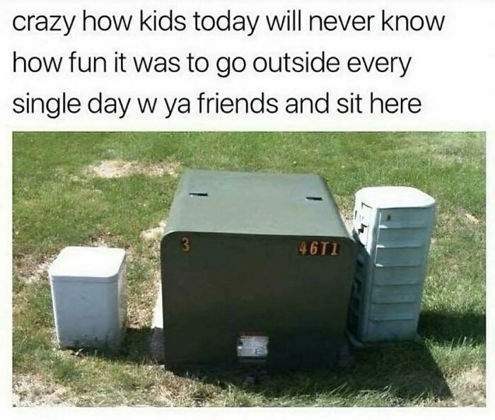 Children sitting on outdoor utility boxes, reflecting on ‘90s nostalgia and fun times with friends outside.