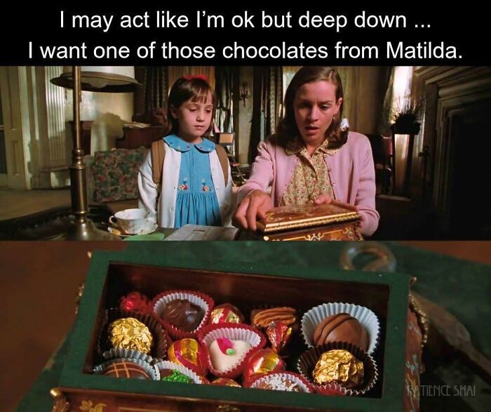 Scene from the movie Matilda with nostalgic chocolates, evoking 90s nostalgia club memories and good old times.