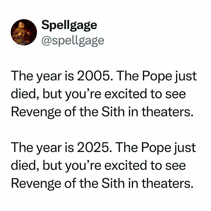 Tweet comparing excitement for Revenge of the Sith in 2005 and 2025, reflecting ‘90s nostalgia club and nostalgic posts.