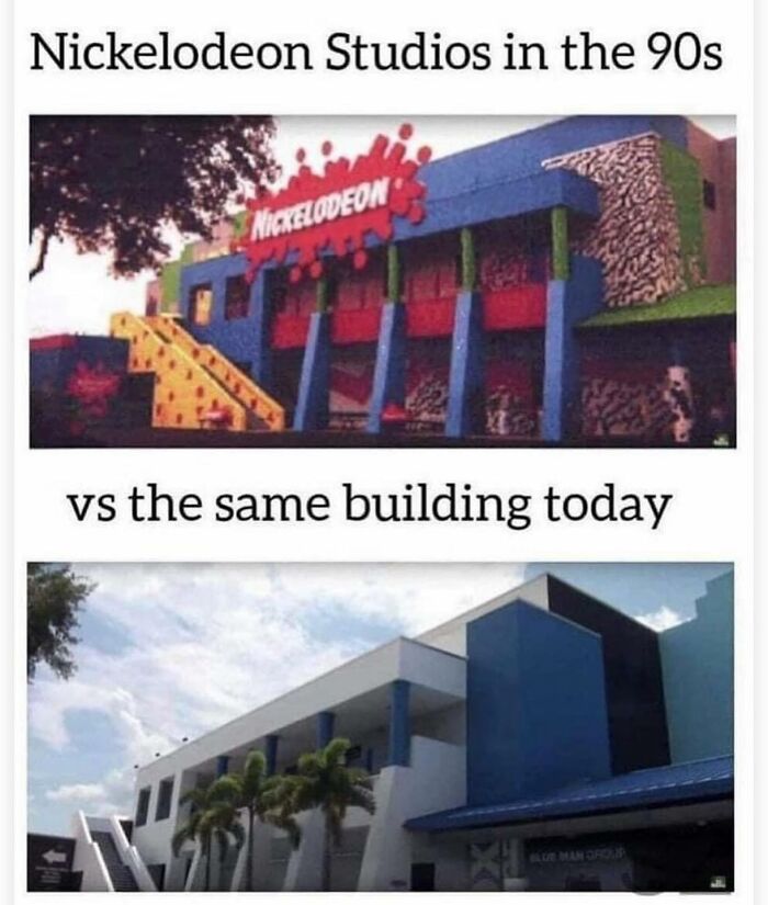 Nickelodeon Studios building in the 90s versus today, showing 90s nostalgia club memories and changes over time.