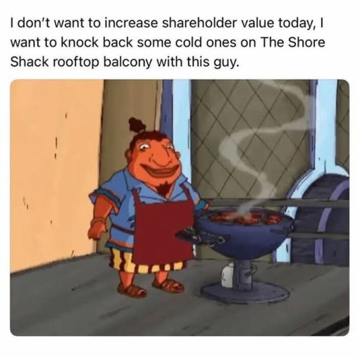 Animated character cooking on a grill with text referencing nostalgia and enjoying cold drinks on a rooftop balcony.