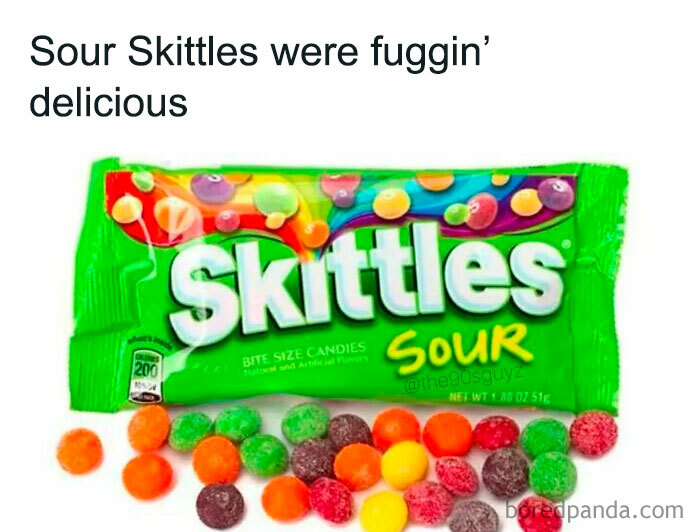 Close-up of a Sour Skittles candy pack with colorful sour Skittles scattered, evoking '90s nostalgia club vibes.