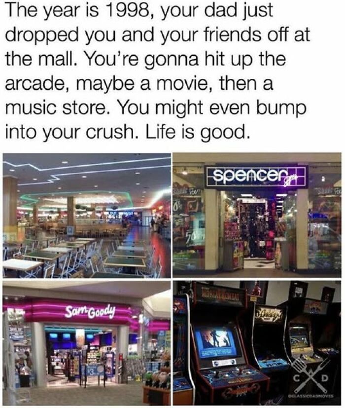 1998 mall scenes featuring arcade games, Spencer store, Sam Goody music shop, evoking '90s nostalgia club memories.