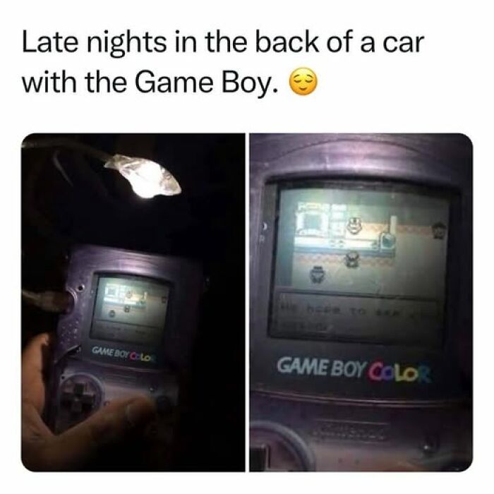 Hand holding a Game Boy Color playing a retro game, highlighting '90s nostalgia and classic gaming memories.