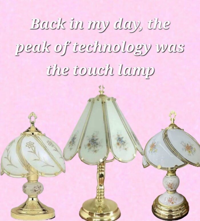 Three vintage touch lamps with floral designs on a pink background, capturing 90s nostalgia and retro technology trends.