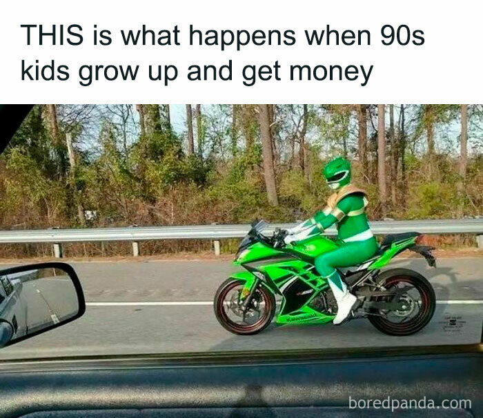 Person dressed as the 90s Green Power Ranger riding a green sports bike, capturing 90s nostalgia vibes on the road.