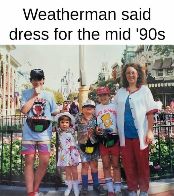 Family dressed in nostalgic 90s fashion with f***y packs and colorful outfits at an amusement park in a 90s nostalgia scene