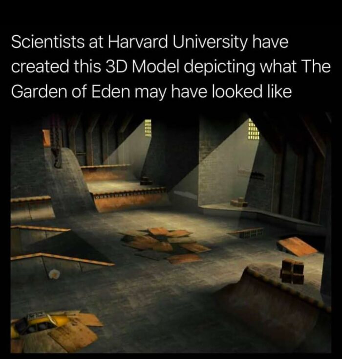 3D model of an indoor skatepark with ramps and obstacles, evoking ‘90s nostalgia club vibes and good old times.