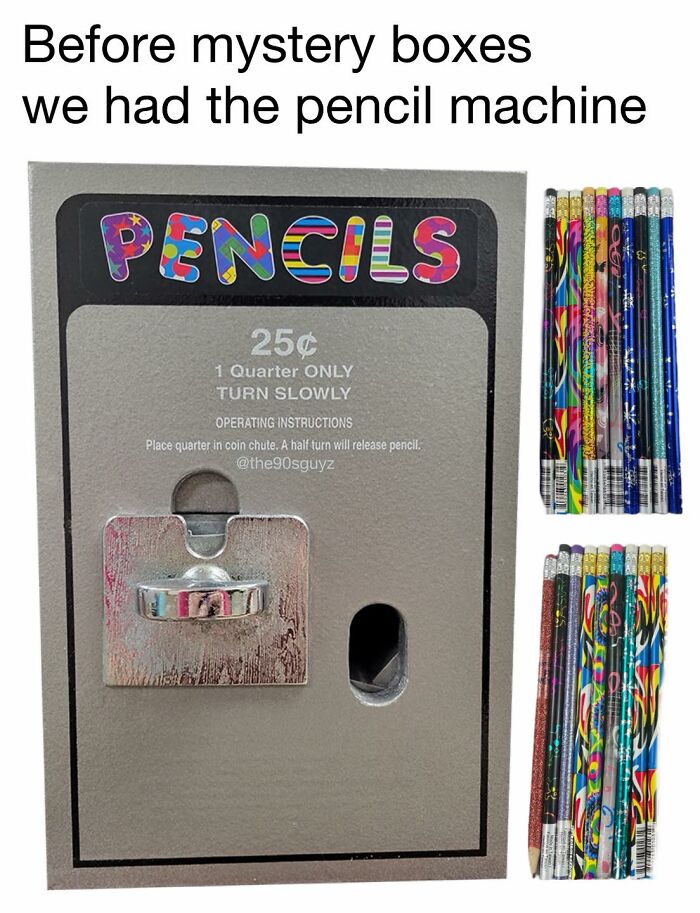 Vintage pencil vending machine with colorful '90s style pencils, showcasing official 90s nostalgia club memorabilia.