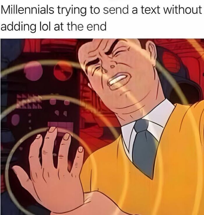 Millennials struggling to send a text without adding lol, nostalgic '90s cartoon character expressing frustration.