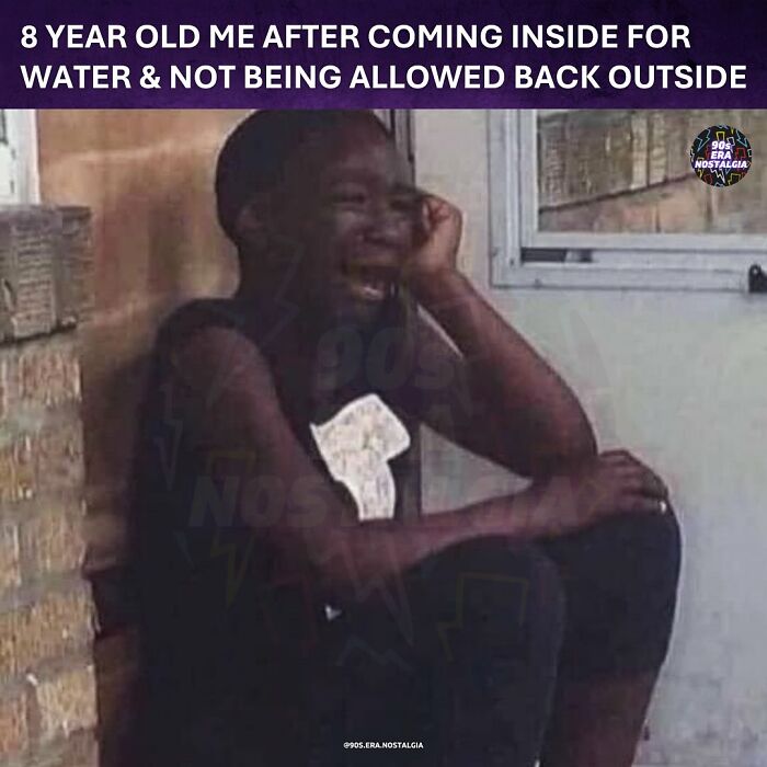 Child sitting and crying outside a house, capturing a '90s nostalgia moment of childhood frustration and memories.