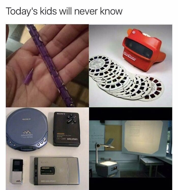 Images of nostalgic '90s items including a Snap bracelet, View-Master reels, Sony Walkmans, and an overhead projector.
