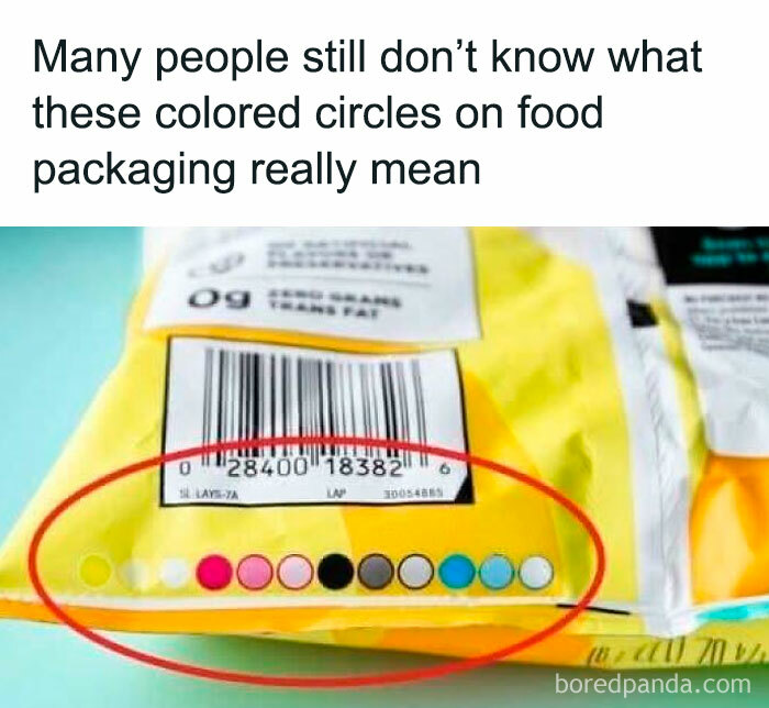 Colored circles on food packaging explained in a '90s nostalgia club post, sparking curiosity about old product mysteries.