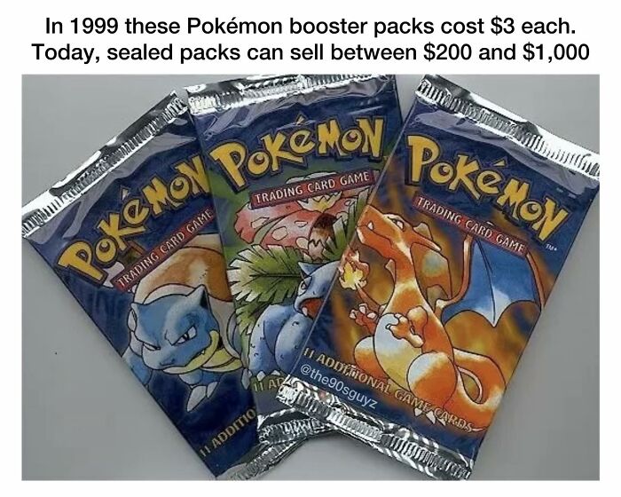 Three sealed Pokémon booster packs from 1999, part of '90s nostalgia club memorabilia and collectible trading cards.