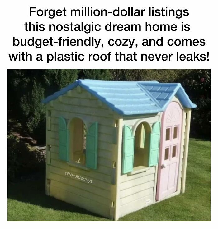 Small nostalgic plastic playhouse with blue roof and pastel shutters, reflecting '90s nostalgia and cozy childhood memories.