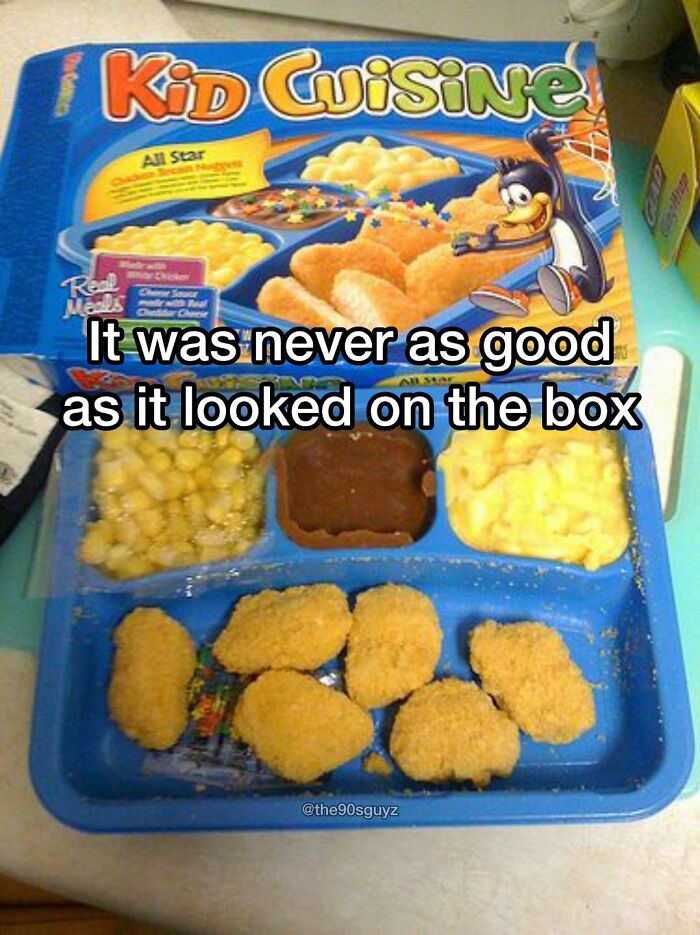 Kid Cuisine frozen meal with chicken nuggets, corn, mac and cheese, and a brownie, evoking 90s nostalgia memories.