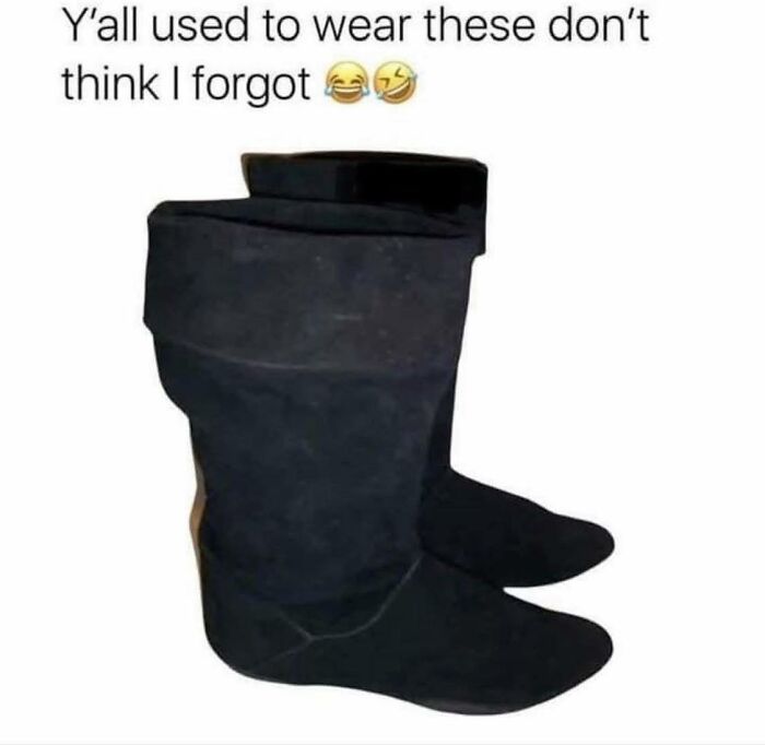 Black slouch boots with text recalling ‘90s nostalgia fashion that many used to wear, evoking good old times.