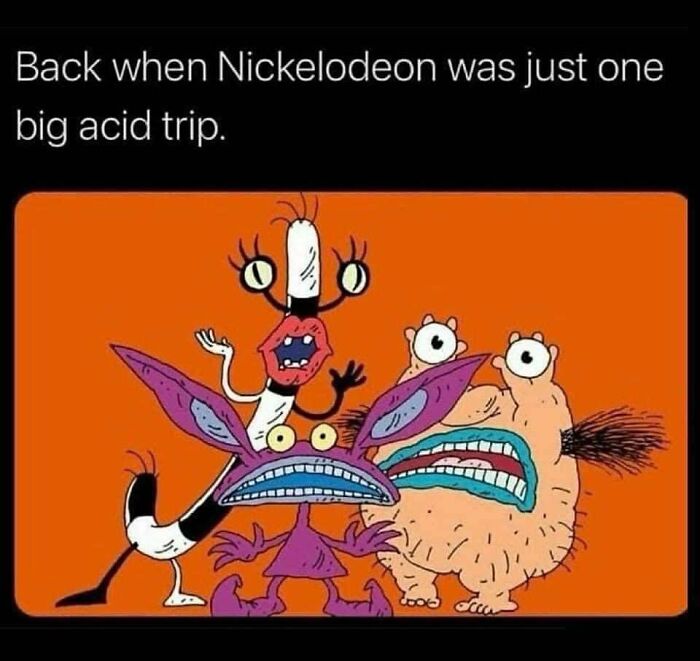 Nickelodeon cartoon characters from the ‘90s nostalgia club in a psychedelic, colorful, and surreal style.