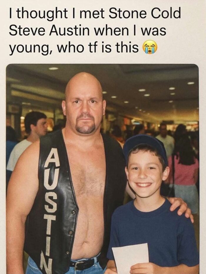Man wearing Austin vest with a smiling boy in a mall capturing 90s nostalgia club moment from good old times.