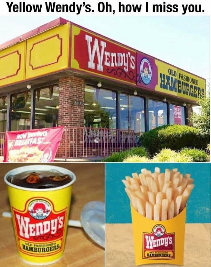 Yellow Wendy’s restaurant exterior and vintage fries and soda cups showcasing 90s nostalgia club vibes.
