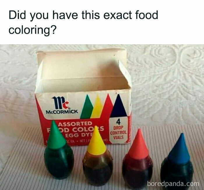 Vintage food coloring set with green, yellow, red, and blue cones, evoking 90s nostalgia and childhood memories.