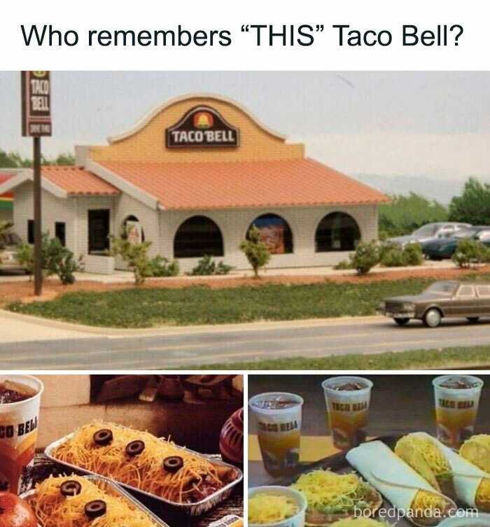 Vintage Taco Bell building and classic menu items showcasing 90s nostalgia club memories and good old times.