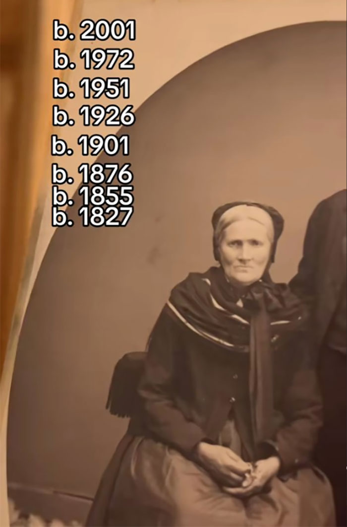 Vintage family photo showing ancestors born from 1827 to 2001, illustrating the passion of a family historian sharing their family tree online.