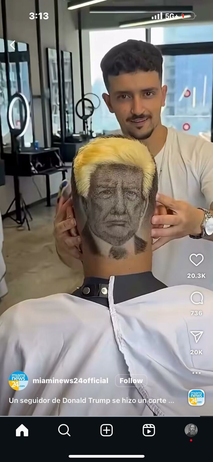Barber showing a craft shaming haircut with a detailed portrait of Donald Trump dyed on the back of a client's head.