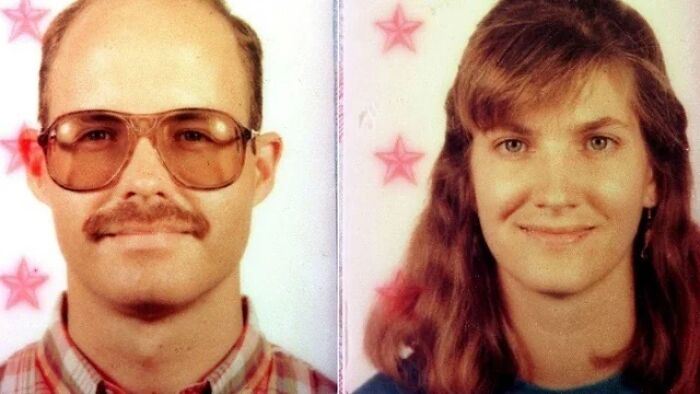Portrait photos of a man and woman with a vintage filter, featured in unsettling images from the morbid knowledge online group.