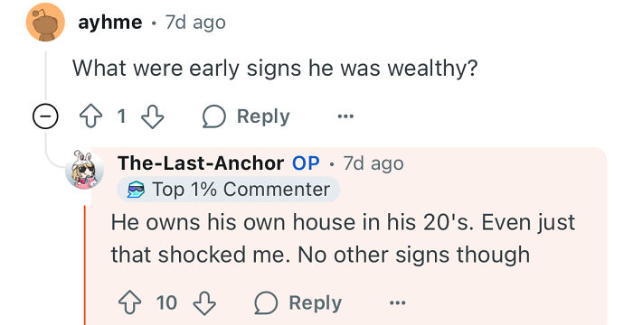 Screenshot of a comment thread discussing early signs of wealth from a poor woman who dates a rich guy.