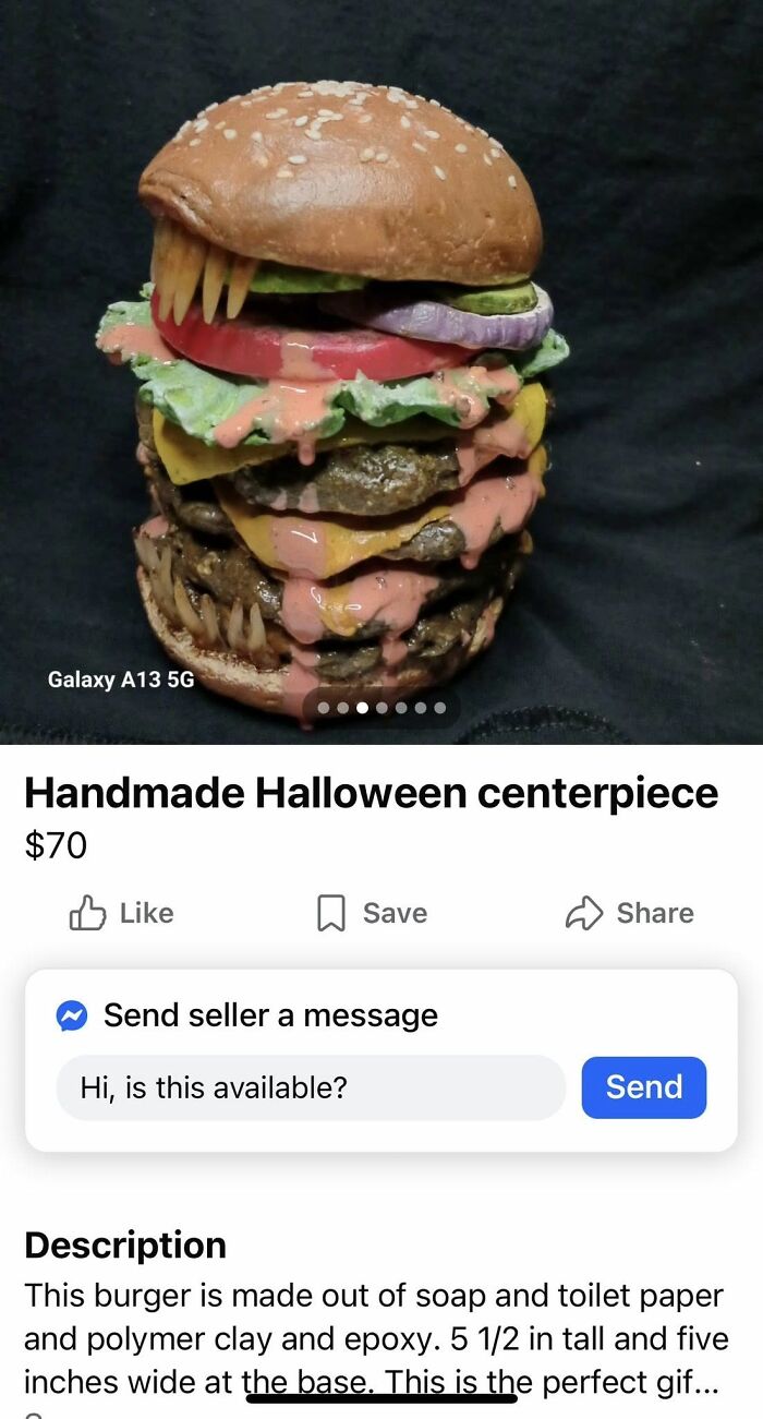 Handmade Halloween centerpiece craft shaped like a messy burger with dripping sauce and fake teeth details.
