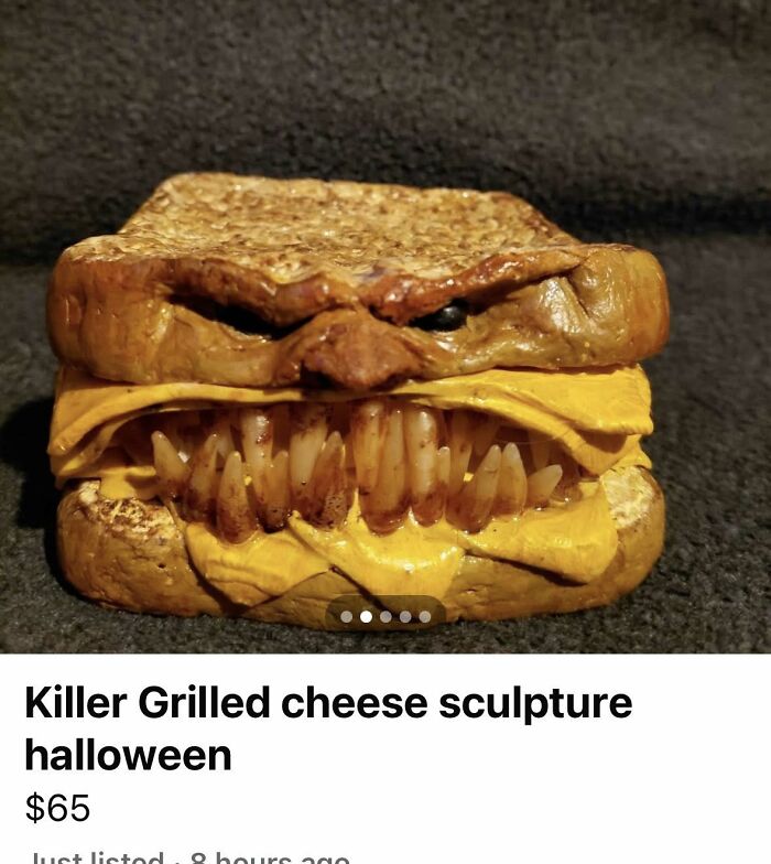 Creepy grilled cheese sculpture with sharp teeth, a horror-themed DIY craft project for Halloween decoration.