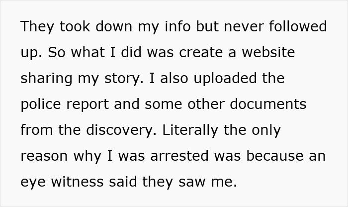 Text excerpt about a man wrongfully jailed sharing his story and evidence on a website calling out a detective.