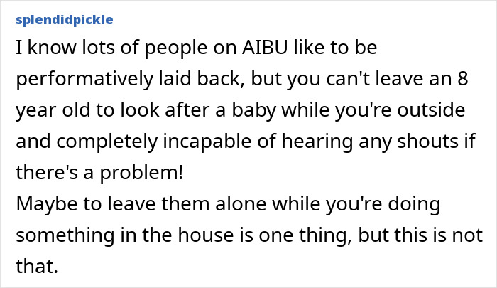 Text on a screen discussing concerns about leaving an 8-year-old to care for a baby while mowing the lawn. Text on a screen discussing concerns about leaving an 8-year-old to care for a baby while mowing the lawn.