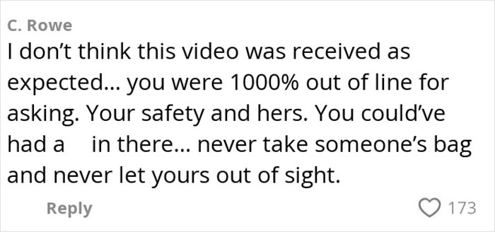 Comment from C. Rowe debating passenger safety and responsibility in heated airport dispute over watching bags. Comment from C. Rowe debating passenger safety and responsibility in heated airport dispute over watching bags.