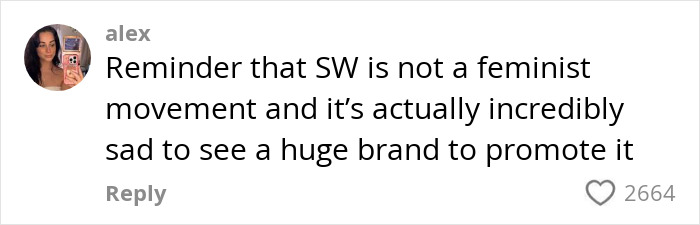 Comment from alex criticizing a brand promoting SW, highlighting concerns amid the L&rsquo;Or&eacute;al hiring controversy.